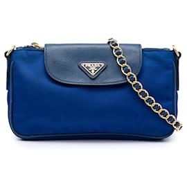 Bolso bandolera Prada Tessuto azul con ribete en Saffiano y cadena