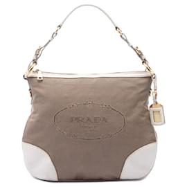 Borsa a tracolla Prada in tela beige Canapa con logo