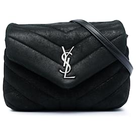 Borsa a tracolla Saint Laurent Black Toy Matelasse Glitter Suede Monogram LouLou