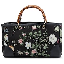 Borsa shopper Gucci Flora Knight in tela nera, media, con manici in bambù