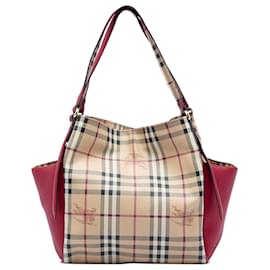 Borsa Tote Canterbury in tela rivestita Haymarket Check con bordi in pelle beige Burberry Small