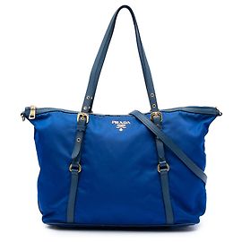 Borsa Tote Convertible Prada Blue Saffiano Trimmed Tessuto Zip Top