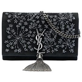 Saint Laurent Kate Quasten-Tasche mit Kette aus schwarzem Wildleder und Perlen mit Monogramm