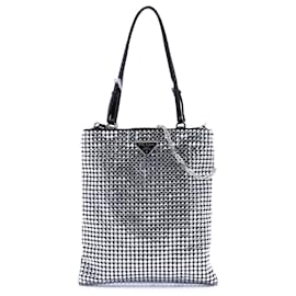Tote piatto con catena Prada in raso nero impreziosito da cristalli