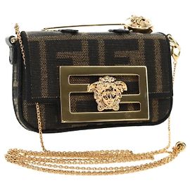 FENDI FENDACE Nano Baguette Chain Shoulder Pouch Black Brown Auth 190223SAM