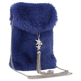 Jimmy Choo Chain Shoulder Phone Holder Acrylic Fur Blue Silver Auth 190265A