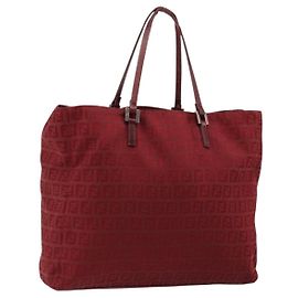 Bolsa Tote FENDI Zucchino Canvas Vermelho Ouro Auth 187865