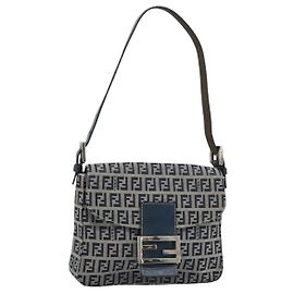 FENDI Zucchino Canvas Mamma Baguette Shoulder Bag Navy Silver Auth 189693V