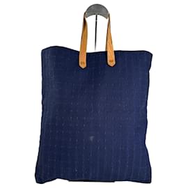 Vintage Hermes Baumwolltasche Navy mit Lederriemen in Tan - Hermès