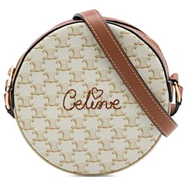 Borsa rotonda ricamata in tela rivestita Triomphe bianco Celine con tracolla - Céline