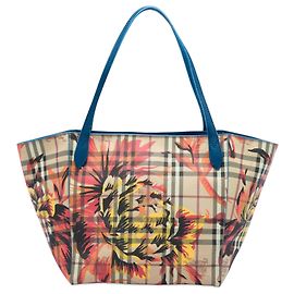 Tote Canterbury in tela rivestita Burberry Beige Small Haymarket Check con stampa floreale