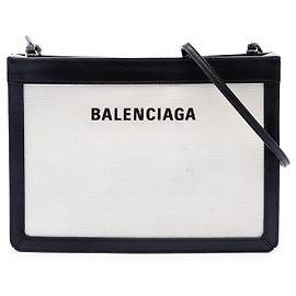 Pochette M Balenciaga in tela bianca e blu navy con tracolla