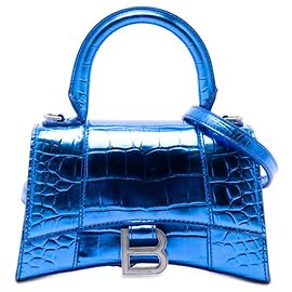 Borsa Balenciaga Blue Metallic Calfskin Croc Embossed Hourglass XS