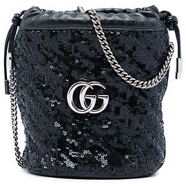 Borsa bucket Gucci Black Small GG Marmont in pelle di vitello matelassé diagonale con paillettes