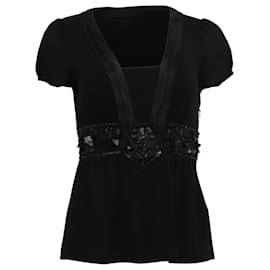 Camicetta a maniche corte in seta nera con decorazioni in paillettes Etro