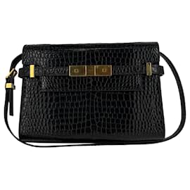 Borsa a tracolla Manhattan in pelle nera con stampa coccodrillo Saint Laurent