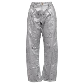 Vaqueros Barrel con estampado Baroque Versace en algodón plata metálico