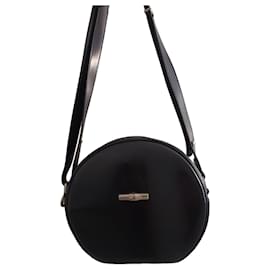 Longchamp Runde Umhängetasche aus schwarzem Leder