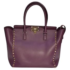 Valentino Garavani Petit Sac Cabas Rockstud en Cuir Plum Purple