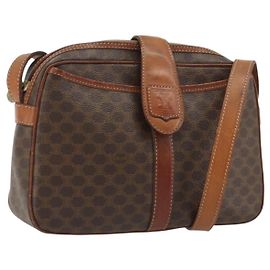 Céline Borsa a Spalla CELINE Macadam Canvas PVC Pelle Marrone Oro Auth 187894