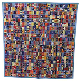 Hermès Carré 90 Sciarpa "En Voyage" Seta Blu Autentica 190238M