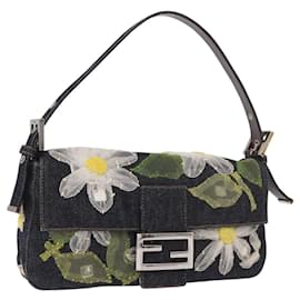 Borsa FENDI Mamma Baguette in denim con ricamo floreale blu navy e argento Auth 190100SAM