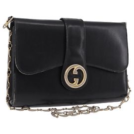 Bolsa de Ombro GUCCI Horsebit Chain de Couro Preto e Dourado Auth 189930
