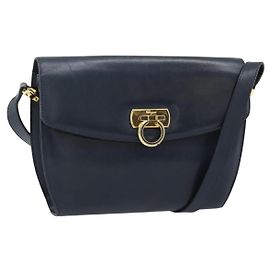 Borsa a Spalla Salvatore Ferragamo Gancini in Pelle Blu Navy e Oro Autentica BA13700