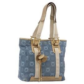 Borsa Salvatore Ferragamo Gancini in tela blu e oro Autentica 186591