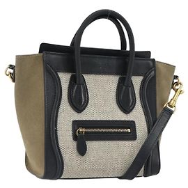Céline Borsa CELINE Luggage Nano Shopper in tela e pelle 2way Grigio Oro Auth 188633A