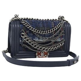 CHANEL Boy Chanel Chain Shoulder Bag Denim Blue Silver CC Auth 190194SAM