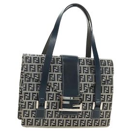 FENDI Zucchino Canvas Mamma Baguette Hand Bag Navy Silver Auth 189269V