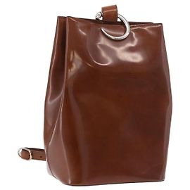 Borsa a tracolla CARTIER PANTHERE in pelle vernice marrone argento Auth 189661