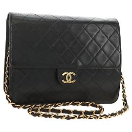 CHANEL Matelasse Chain Shoulder Bag Lamb Skin Black Gold CC Auth 189753V