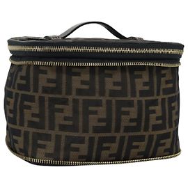 FENDI Zucca Canvas Vanity Hand Bag Black Brown Auth 189549