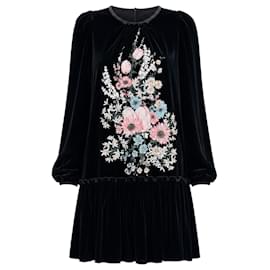 N°21 Vestido Mini de Terciopelo Negro Bordado Floral