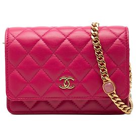 Chanel Pink Mini CC Quilted Lambskin Pearl Samba Wallet On Chain
