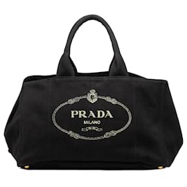 Tote in tela Canapa nero con logo Prada, grande