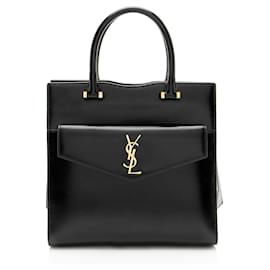 Piccola borsa satchel Uptown in pelle di vitello liscia con monogramma Saint Laurent