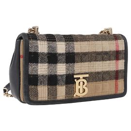 Bolsa de Alça de Corrente BURBERRY Nova Check Algodão Bege Ouro Auth 191600A