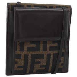 FENDI Zucca Canvas Shoulder Wallet Marrone Nero Auth 190683A