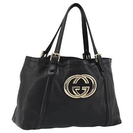 Borsa Tote GUCCI Newbrit in pelle nera e oro 162094 Auth BA13791V