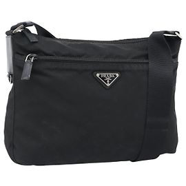 Bolso de hombro de nylon PRADA Negro Plata Auth ka5115