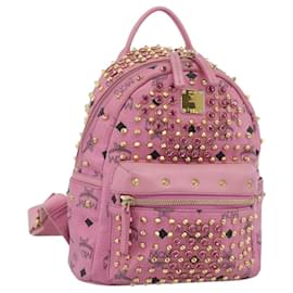 Sac à dos MCM Vicetos Logogram Studs en cuir Rose Gold Auth 190946