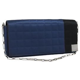 CHANEL Choco Bar Line Chain Shoulder Bag Satin Navy Silver CC Auth mr2769