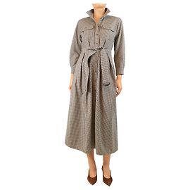Weekend Max Mara Vestido camisero plisado a cuadros marrón - talla UK 14