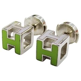 Hermes Cage d'H H-Cube Green and Silver Stud Earrings - Hermès