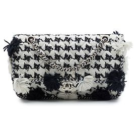 Chanel White Medium Classic Embroidered Canvas Houndstooth Pom Pom Flap