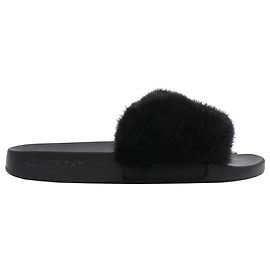 Givenchy Fur Trim Slides in Black Rubber 
