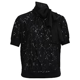 Top in cotone nero con dettagli a fiocco in pizzo e seta D&G